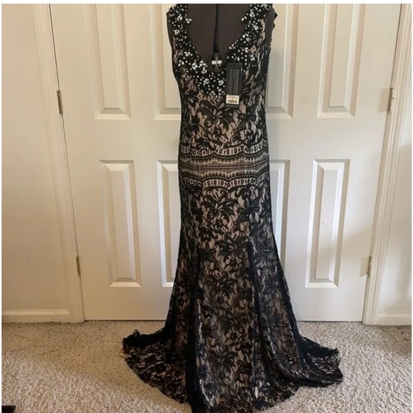 NWT Stunning Black & Champagne Sheath Lace Backless Sleeveless Gown With V-Neck - Picture 4 of 9